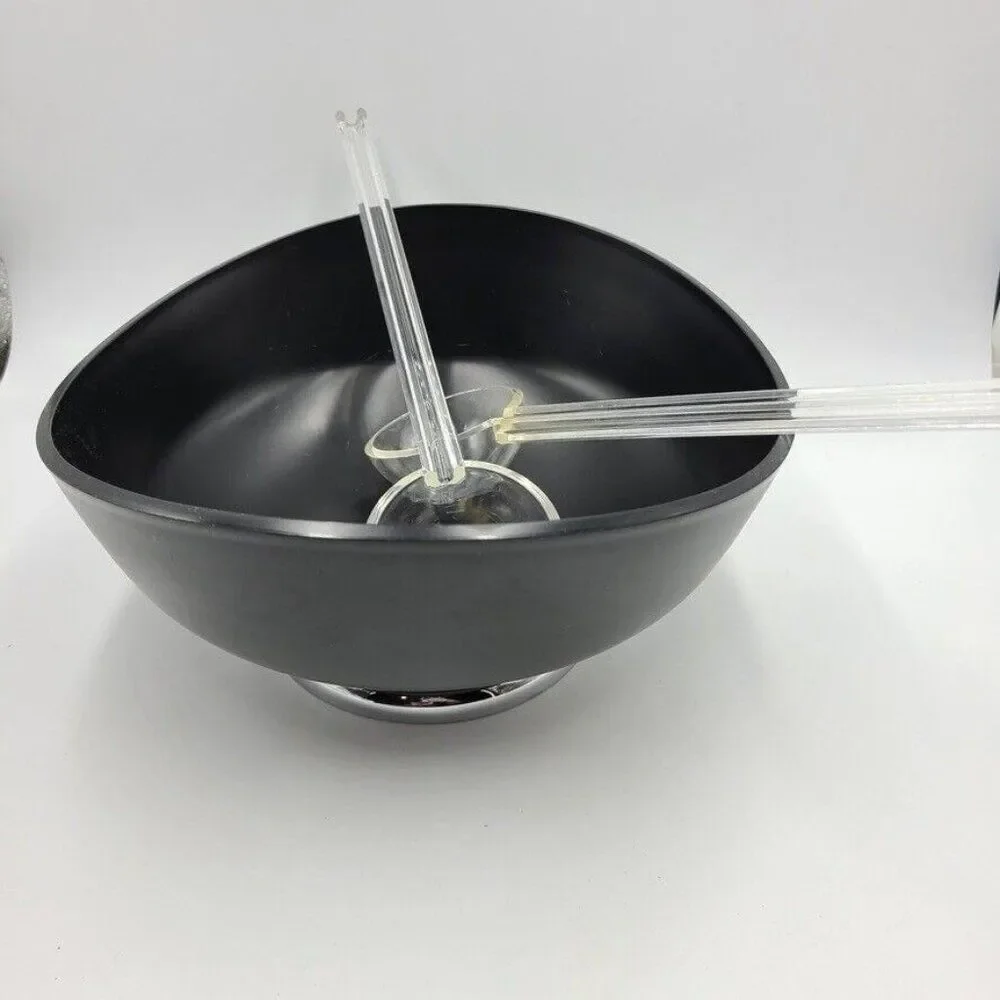 Vtg MCM Lacquerware Black Salad Bowl Plastic Silver Pedestal Base Spoon Fork
